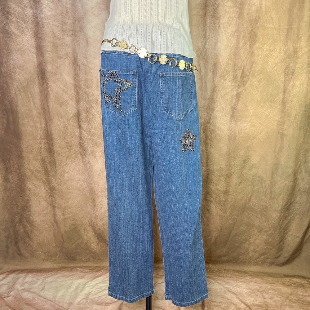 Vintage Y2K Studded Jeans Star Pattern Blue Denim High Rise Indie McBling 2000s